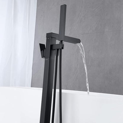 Waterfall Tub Filler Freestanding Bathtub Faucet Black Floor Mount Brass Single Handle Bathroom Faucets with Hand Shower