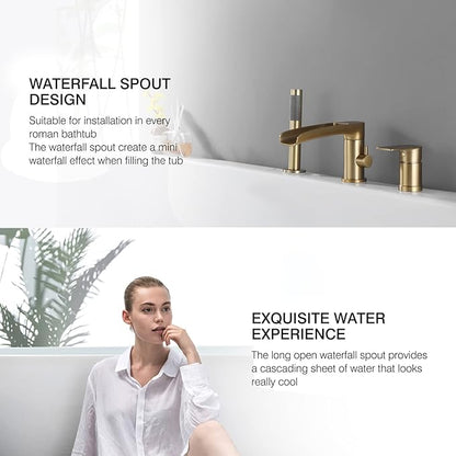TapLong Waterfall Roman Tub Faucet with Hand Shower, Widespread Deck Mount Bathtub Faucet with Sprayer, Single-Handle 3-Holes Bathtub Shower Faucet Set in Brushed Gold, 03119BG