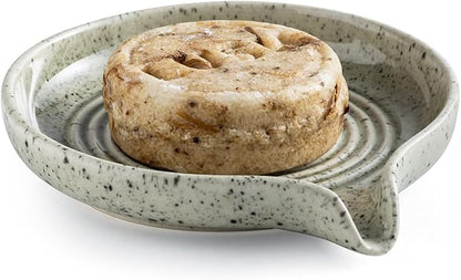 Soap Dish with Self-Draining Design, Ceramic Soap Holder with Drain Spout Soap Tray for Shower, Bathroom and Kitchen Sink, Keep Bar Soap Dry, Speckled Glaze