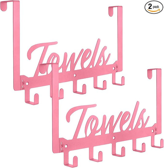 2 Pack Over The Door Hooks, Towel Rack for Bathroom, Over Door Hanger with 10 Coat Hooks for Bedroom Bathroom, Pink