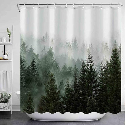 Aipon Green Misty Forest Shower Curtain Nature Tree Shower Curtain Set Dark Green Fabric Waterproof Shower Curtains for Bathroom Decor with 12 Hooks (72'' × 84'', Green4)