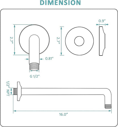 BESTILL 16 Inch L-Shaped Shower Head Extension Arm, Shower Arm and Flange Included, Brushed Gold