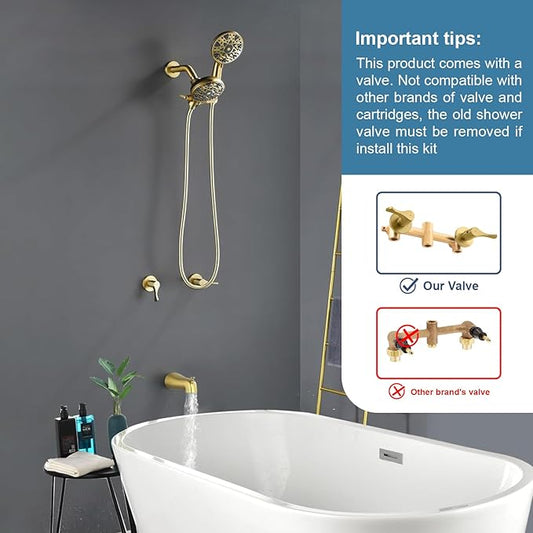 2 Handle Shower Faucet Set with Tub Spout Bathtub Shower Faucet Combo Set Shower System Complete Tub and Shower Trim Kit Brushed Gold Wall Mounted Shower Fixtures