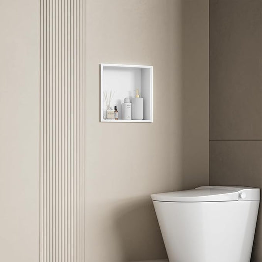 No Tile Needed Shower Niche - 12"x12" White 304 Stainless Steel Recessed Shelf,Over Mount Installation for Bathroom & Shower Wall,Waterproof