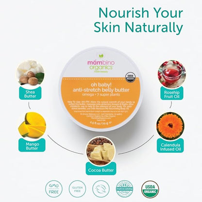 Mambino Organics Oh Baby! Belly Butter, Belly Cream with Shea Butter for Pregnancy, Minimizes Stretch Marks, Vegan, Cruelty-Free, Maternity Skin Care, 2.5 fl oz
