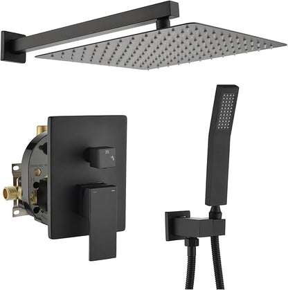 WELLFOR 12-In Wall Mounted Rain Shower Faucet with Single Handle and Handheld Spray, Waterfall Dual Head Shower Head System with 2-way Diverter, Pressure-balanced Valve Included, Matte Black