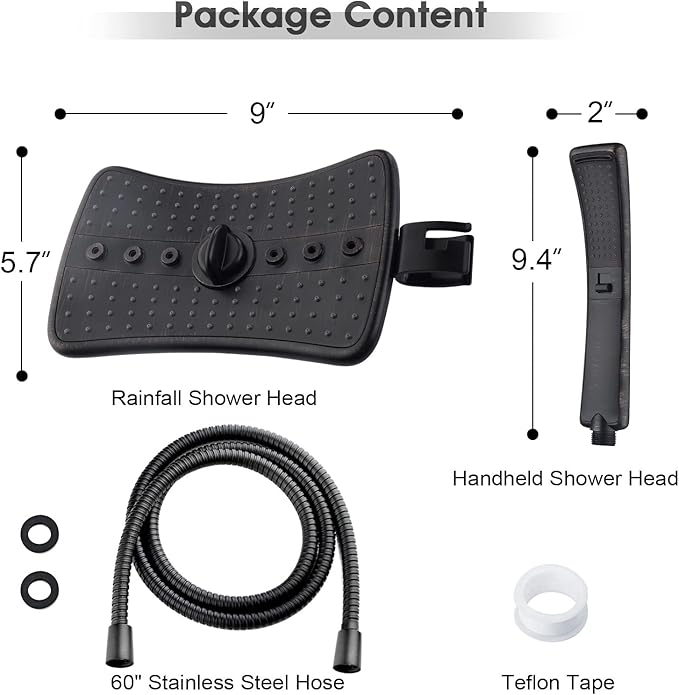 BRIGHT SHOWERS High Pressure Dual Shower Head Combo, Oil Rubbed Bronze Rainfall Showerhead with Detachable Handheld, 60" Stainless Steel Hose, Four Spray Settings