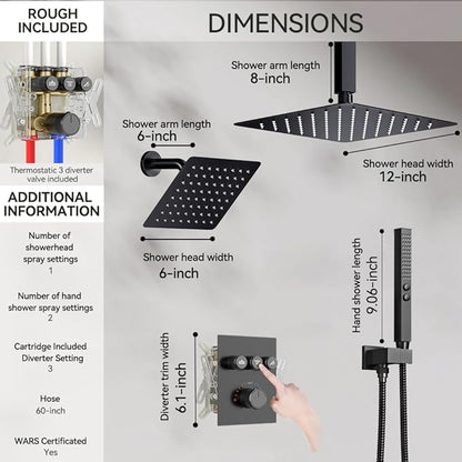 Shower Faucet Set Matte Black Shower System,12" Ceiling Rainfall and 6" Wall Mount Rain Shower with 2 in 1 Handhled, Can Use All at Once, Thermostatic Shower Set with Valve and Trim Kit