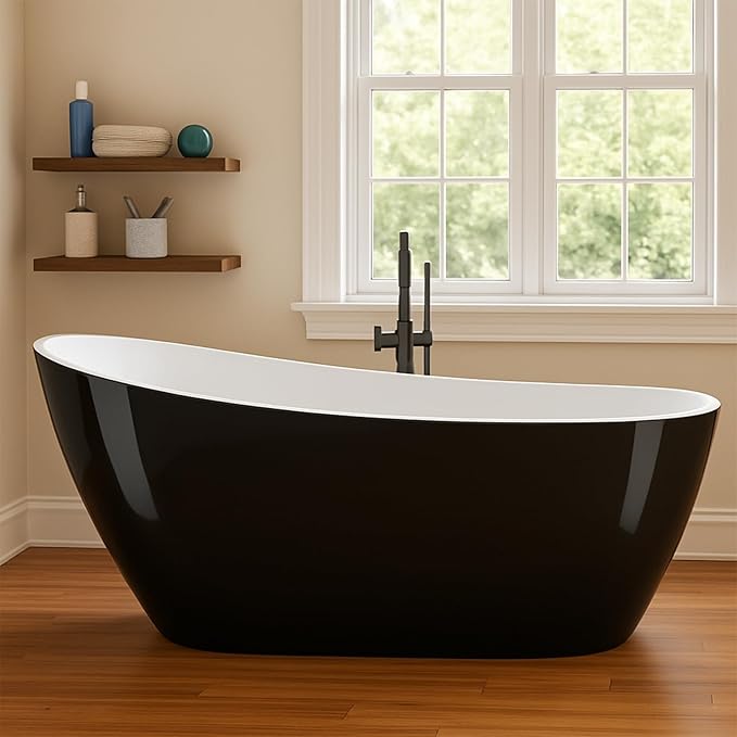 59" Acrylic Freestanding Bathtub - Glossy Black Oval Soaking Tub with Chrome Overflow & Drain Kit, CUPC Certified