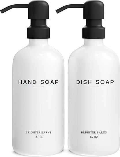 White Glass Hand and Dish Soap Dispenser Set by Brighter Barns - Kitchen Soap Dispenser & Stainless Steel Pump - Glass Bottles for Kitchen Sink - Farmhouse Home Decor, Bathroom Accessories (White)