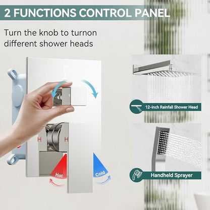 Shower Faucet Set Chrome Shower System, Starbath 12" Rain Shower Head and Handheld Spray Shower Set Complete Wall Mounted, 2 Way Pressure Balance Shower Valve and Trim Kit Included