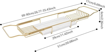 Bathtub Tray Caddy for Luxury Bath, Stainless Steel 26.8-35.4 in Expandable Extra Wide Bath Tub Tray with Natural Marble and Mobile/Tablet Stand, Ideal for Home Spa Lovers (Gold + White)