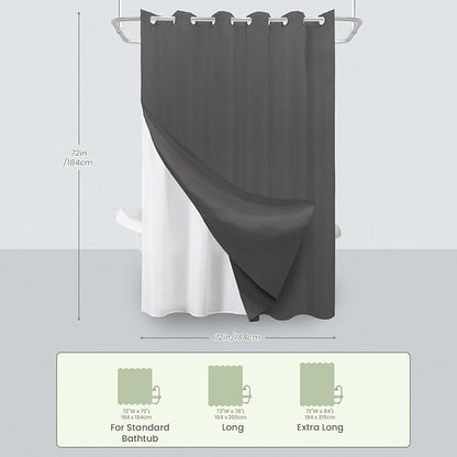 Inhousolu No Hook Waffle Weave Shower Curtain with Removable Snap in Fabric Liner Set for Bathroom, 230 GSM Heavy Duty Weighted Hem, Water Repellent Washable Bath Curtains, 72 x 72 Inch, Graphite Grey