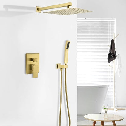 WELLFOR Brushed Gold 12" Wall Mounted Shower Faucet Set Single Handles, Dual Head Shower Faucet System with 2-way Diverter, Shower System with Handheld Spray, Rough in Valve, Hot Cold Water