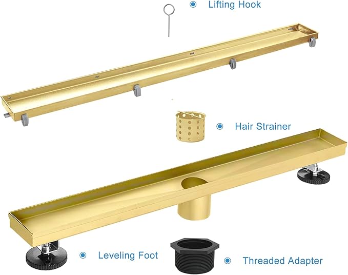 Linear Shower Drain, 48 inch Gold Drain with Tile Insert 2-in-1 Panel, Brushed 304 Stainless Steel Gold Shower Floor Drain, Linear Drain with Hair Strainer and Adjustable Feet