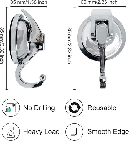 Suction Cup Hooks - Heavy Duty Glass, Reusable, No Hole Punched, for Bathroom Robe & Garland (Silver, 4 Pack)
