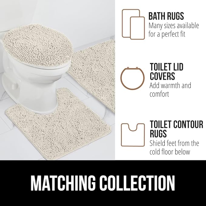 GORILLA GRIP Plush Absorbent Shaggy Chenille Bath Rug Mat for Oval Toilet Base with Rubber Backing, Machine Washable Rugs, Soft Microfiber Contour Mats for Toilets, Bathroom Decor, Ivory