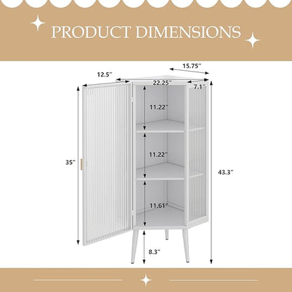 Corner Storage Cabinet with Glass Door, 31" & 43" Freestanding Triangle Floor Cabinet Modern Display Organizer Medicine Cabinets for Bathroom Living Room Bedroom (White, 43')