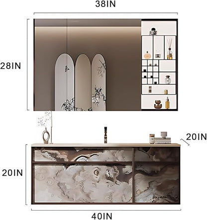 40IN Modern Bathroom Vanity with Sink - Bathroom Vanity with 2 Drawer Organizer, LED Mirror Lights & Defogging Function | Wall - Mounted Vanity with Silver Sink Faucet