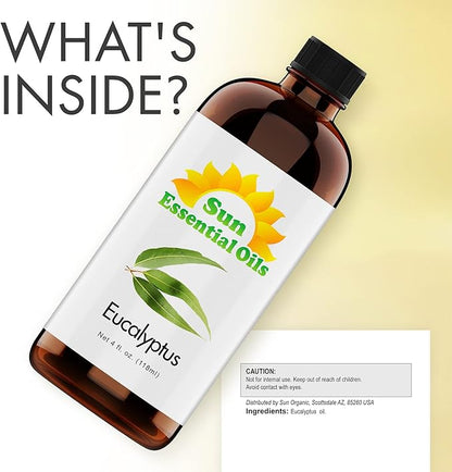 Sun Essentials Oils - 4 oz Eucalyptus Essential Oil with Dropper for Diffuser, Skin, Aromatherapy Massage, Humidifier, Scent for Candle, Lotion & Soap Making at Home, Fragrance for Room