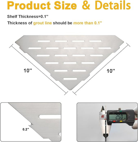 Recessed Corner Shower Shelf, 10" SUS304 Stainless Steel, Heavy Duty Shower Shelf, Grout in Bathroom Shelves for Tile Walls (2 Pack, Rectangle-Brushed)