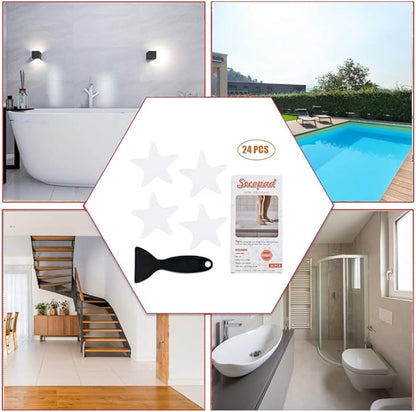 Anti Slip Shower Stickers 24 PCS Safety Bathtub Strips Adhesive Decals with Premium Scraper(Clear Star)