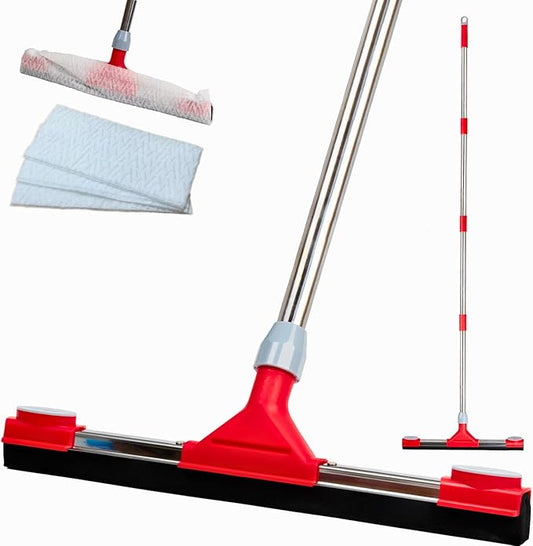 Heavy Duty Floor Squeegee for Concrete Floor – 17.3” EVA Foam Blade with Cloth Clip Design, 62” Extendable Handle, Multi-Surface Floor Squeegee Broom for Windows, Bathroom, Garage, Tile, Patio &Shower