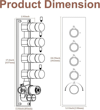 HOMEDEC Modern Solid Brass Concealed 4-Function Thermostatic Shower Diverter Mixer Valve Brushed Nickel, Can Run Simultaneously, Flows Can Be Controlled