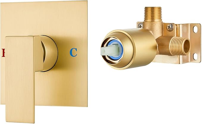 Airuida Square Single-Function Brass Faucet Shower Rough-in Valve Male Thread Bathroom Trim Kit Single Handle Tub Shower Valve 4.3 Inch Cover Plate Brushed Gold
