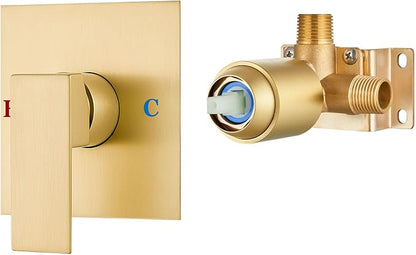 Airuida Square Single-Function Brass Faucet Shower Rough-in Valve Male Thread Bathroom Trim Kit Single Handle Tub Shower Valve 4.3 Inch Cover Plate Brushed Gold