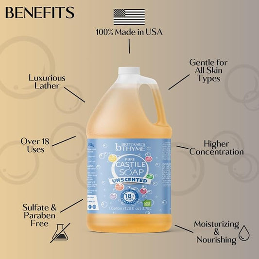 Brittanie's Pure Organic Castile Liquid Olive Oil Soap Refill, 1 Gallon Unscented | Face, Body Wash, All Purpose Cleaner, Dishes, Pets, Laundry | Vegan, Biodegradable, Made in USA