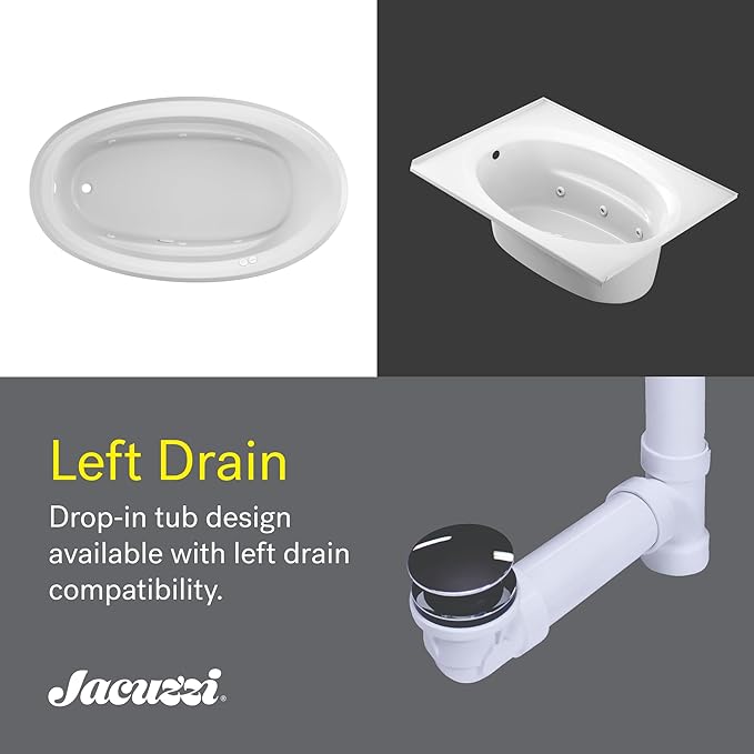 Jacuzzi SIGNATURE Acrylic Drop-In Bathtub, Heated Jet Massage Tub, Slip Resistant, Left Drain Placement, 59" (L) x 41" (W), Oval, Oyster