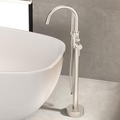 Freestanding Bathtub Faucet Waterfall Tub Filler Brushed Nickel Floor Mount Brass Single Handle Bathroom Faucets with Hand Shower (Brushed Nickel, Water in the side)