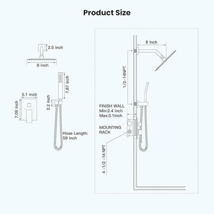 gotonovo Rainfall Bathroom Shower System Rain Shower Head and Handle Set Wall Mounted Shower Complete Combo Solid Brass Pressure Balancing Shower Mixer Valve 8 Inch Polished Chrome