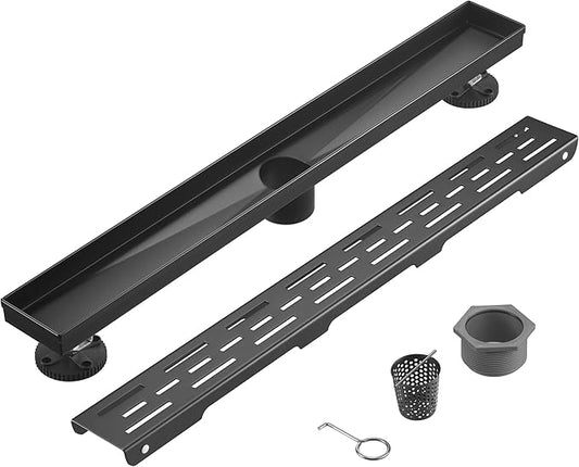 HEATGENE 12-Inch Linear Shower Drain in Matte Black - Stainless Steel Rectangular Shower Floor Drain - Removable Decorative Cover - Adjustable Leveling Feet - CUPC Certified