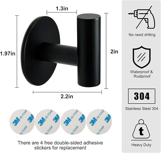 Self Adhesive Towel Hook Matte Black Coat Hook Brushed Nickel SUS304 Stainless Steel Heavy Duty Waterproof Towel Robe Clothes Hook Holder for Bathroom Kitchen Office Hotel Pool Wall Mounted Hook-4Pack