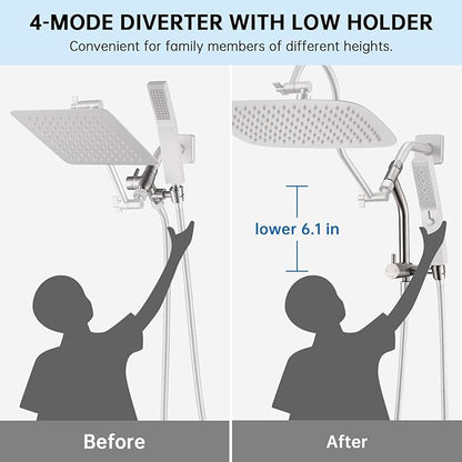 G-Promise All Metal 14 Inch Shower Head with Massage Mode Handheld, Rain Shower Head with Handheld Spray Combo, 3-Way Diverter with Pause Setting, 13 Inch Adjustable Extension Arm (Brushed Nickel)