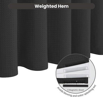 Inhousolu No Hook Waffle Weave Shower Curtain with Removable Snap in Fabric Liner Set for Bathroom, 230 GSM Heavy Duty Weighted Hem, Water Repellent Washable Bath Curtains, 72 x 84 Inch, Black