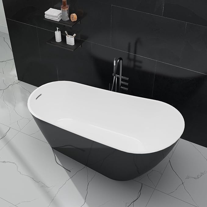 ‎59 Inch Acrylic Freestanding Bathtub, Bathtub with Matte Drain and Overflow, Modern Square Tub with Deep Ergonomic Design and Double-Walled Insulation, Double-Walled Insulation, cUPC Certified