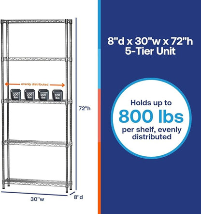 Shelving Inc. 8" d x 30" w x 72" h Chrome Wire Shelving with 5 Tier Shelves, Weight Capacity 800lbs Per Shelf