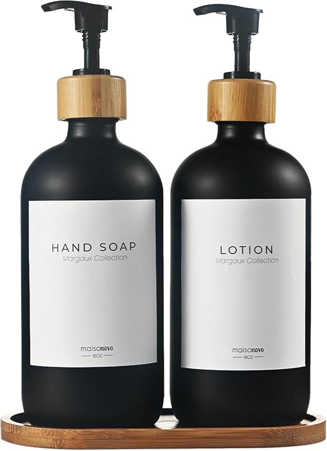 Maisonovo Glass Soap Dispenser Bathroom Set | Hand Soap and Dish Soap Dispenser Set | 16.9oz Amber Bottles with Black Bamboo Pump | Bathroom Lotion Dispenser Set of 2