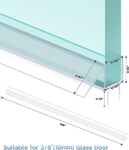 Shower Door Bottom Seal Strip, 2PCS Seal Strip, Ultra Clear PVC, 39" Length, Fits 10mm Thick Glass, Prevents Leaks, Easy Installation, No Adhesive Required (Ultra Clear, 39in for 3/8"(10mm) Door)