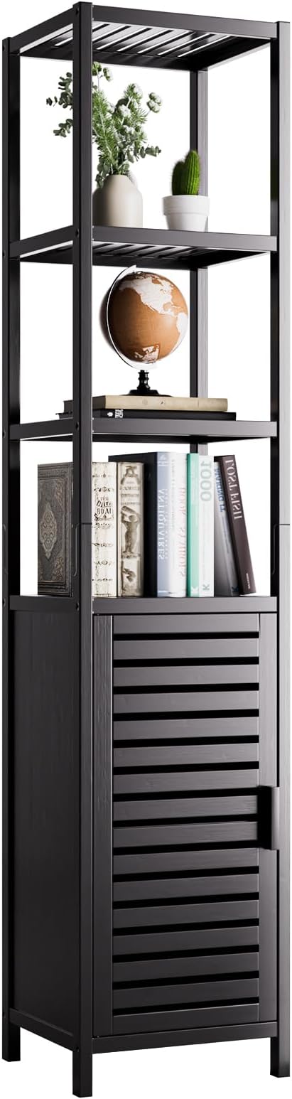 HITNET Bathroom Cabinet Freestanding, Tall Slim Bamboo Storage Cabinet with Shelves and Door, Space Saving Kitchen Cupboard Organizer, Black
