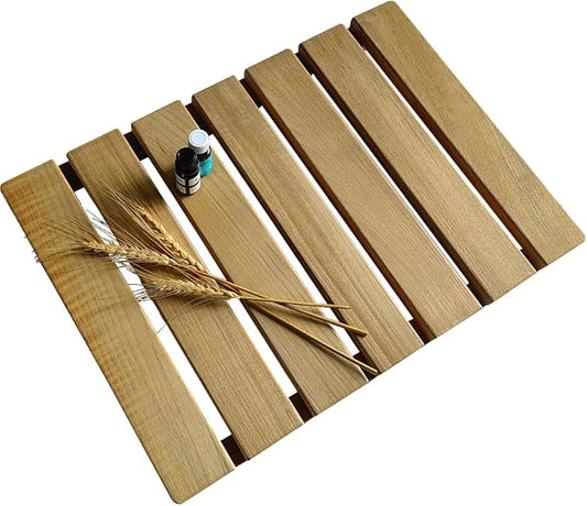 Teak Wood Shower Mat, Non-Slip Bathroom Floor Mat with Silicone Pads, 20.7x14.9 Inch, Water-Resistant for Indoor Outdoor Use, Natural Wood Bath Mat for Shower, Sauna, Pool
