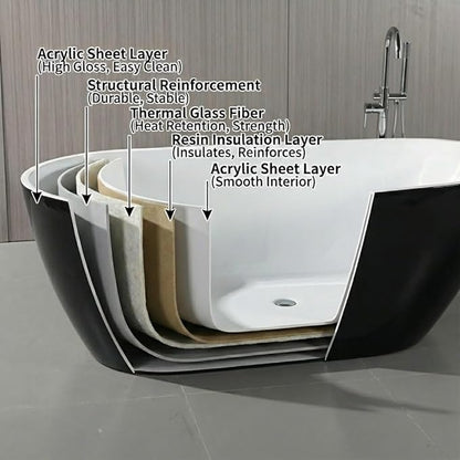 Bathtub with Upturned Ends, CUPC Chrome Drain and Overflow, White Interior and Black Exterior, Built-in Overflow, Fiber-Coated Fixing Bracket