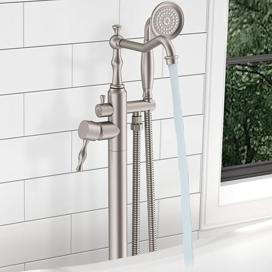Hoimpro Free Standing Tub Faucet Freestanding Tub Filler Stand Alone Bath Tub Set Floor Mounted Bathtub Faucet Shower Faucets Handheld Sprayer Brass Brushed Nickel