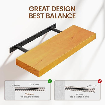 Heimlove 24 inch Floating Shelves for Wall,2 Packs Natural Pine Solid Wood Floating Shelves, 8 inches Deep Wooden Shelves for Kitchen Bedroom Office & Living Room Display Wall Decor