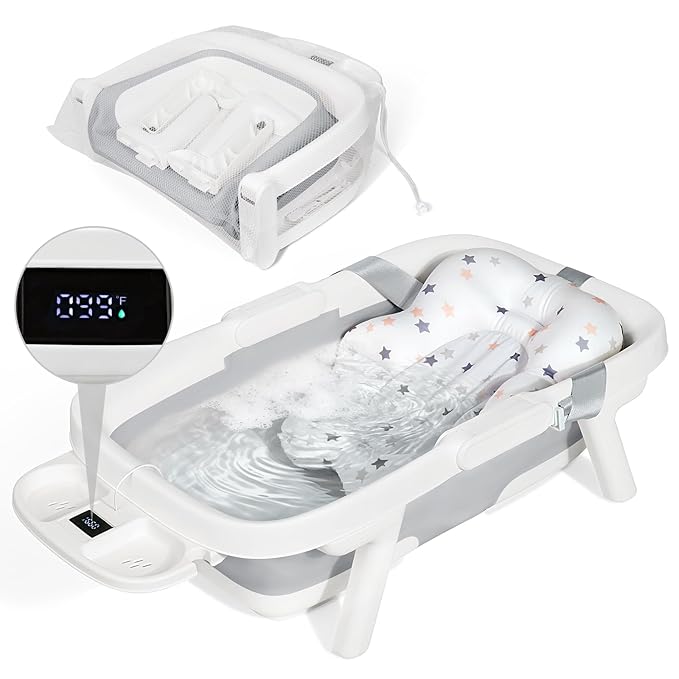 Orzbow Collapsible Baby Bathtub, Large Baby Bath Tub for Newborn with Soft Cushion & Thermometer, Travel Portable Baby Tubs for Infants to Toddler 0-36 Months, Gray