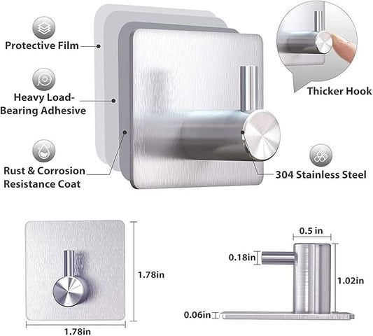 Adhesive Hooks Heavy Duty Wall Hooks Waterproof Stainless Steel Hooks for Hanging Coat, Hat,Towel Robe Hook Rack Wall Mount- Bathroom and Bedroom