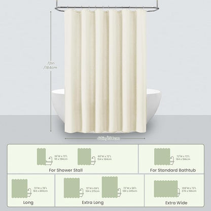 Inhousolu Fabric Shower Curtain Waffle Weave, 230 GSM Heavy Duty, Weighted Hem, 12 Metal Hooks, Water Repellent, Machine Washable, Hotel Spa Luxury Bath Curtain Set, 60 x 72 Inch, Ivory